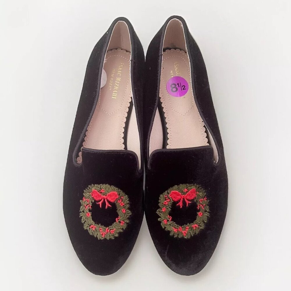 Isaac Mizrahi Flats Black Velvet Christmas Wreath Slip On